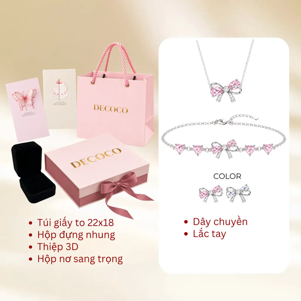 Set BABI nơ đá hồng - Dây chuyền và vòng tay - 9